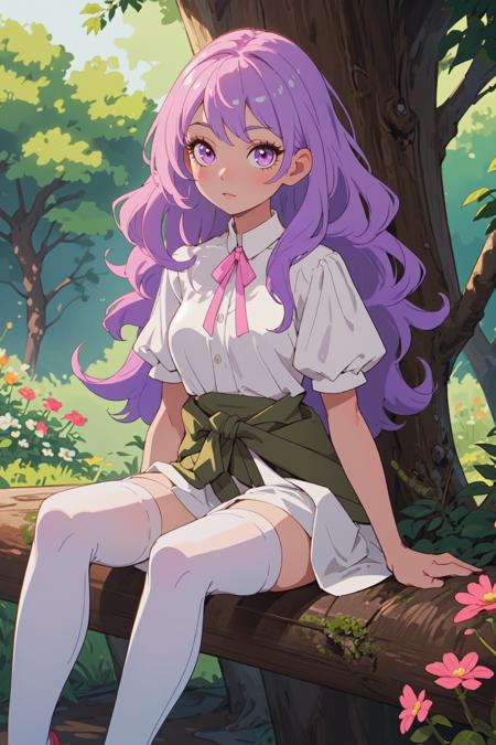 98022-1524319907-detailed background, superb, 1girl, long hair light purple hair, curly hair, cute, eyelashes, sitting, white dress, pink ribbon.png